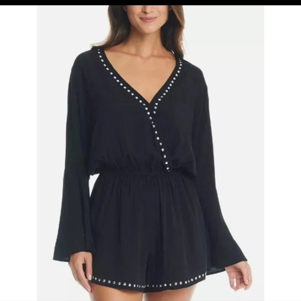 NWT Bar III Black Cover Up Romper with Silver Studded Trim Detail